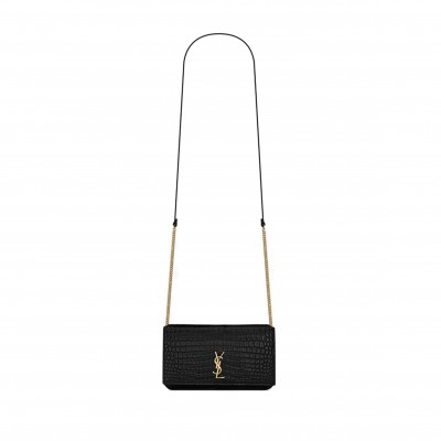 YSL CASSANDRE PHONE HOLDER WITH STRAP IN SHINY CROCODILE-EMBOSSED LEATHER 635095DND1J1000 (18*11*2.5cm)