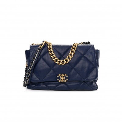 CHANEL GOATSKIN QUILTED MAXI CHANEL 19 FLAP BLUE GOLD HARDWARE (36*24*10cm)
