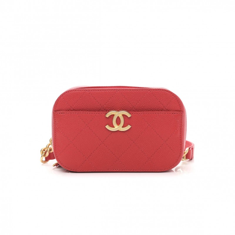 CHANEL GRAINED CALFSKIN QUILTED WAIST BAG RED GOLD HARDWARE (17*11*5cm)