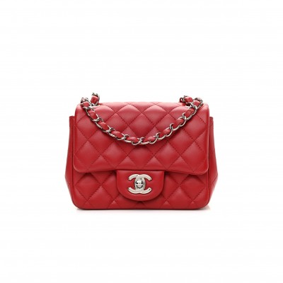 CHANEL LAMBSKIN QUILTED MINI SQUARE FLAP RED ROSE GOLD HARDWARE (16*12*8cm)