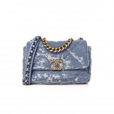 CHANEL SEQUIN QUILTED MEDIUM CHANEL 19 FLAP LIGHT BLUE GOLD HARDWARE (25*18*8cm)