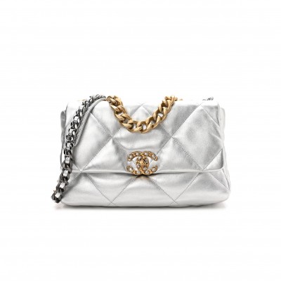 CHANEL METALLIC GOATSKIN QUILTED LARGE CHANEL 19 FLAP SILVER GOLD HARDWARE (30*21*9cm)