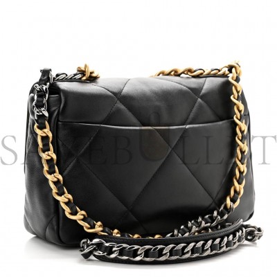 CHANEL LAMBSKIN QUILTED MEDIUM CHANEL 19 FLAP BLACK GOLD HARDWARE (25*16*7cm)