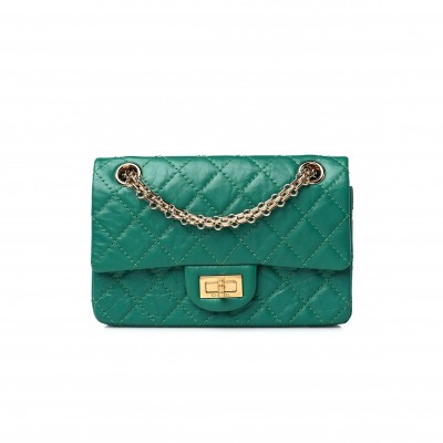 CHANEL CALFSKIN QUILTED 2.55 REISSUE MINI FLAP GREEN GOLD HARDWARE (19*13*7cm)