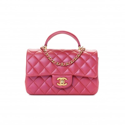 CHANEL IRIDESCENT LAMBSKIN QUILTED MINI TOP HANDLE RECTANGULAR FLAP RED GOLD HARDWARE (20*13*6cm)