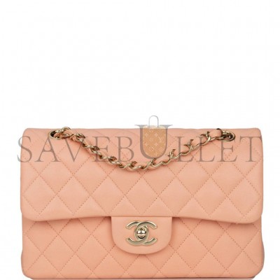 CHANEL SMALL CLASSIC DOUBLE FLAP PEACH LAMBSKIN LIGHT GOLD HARDWARE (23*13*6cm)
