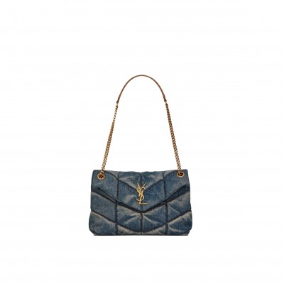 YSL PUFFER SMALL CHAIN BAG IN QUILTED VINTAGE DENIM AND SUEDE 5774762PT674575 (29*17*11cm)